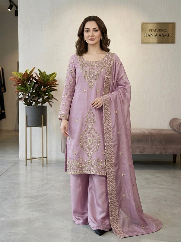 Lavender Silk Blend Embroidered Beads Work Plazzo Suit
