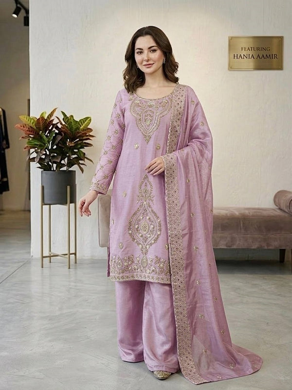 Lavender Silk Blend Embroidered Beads Work Plazzo Suit