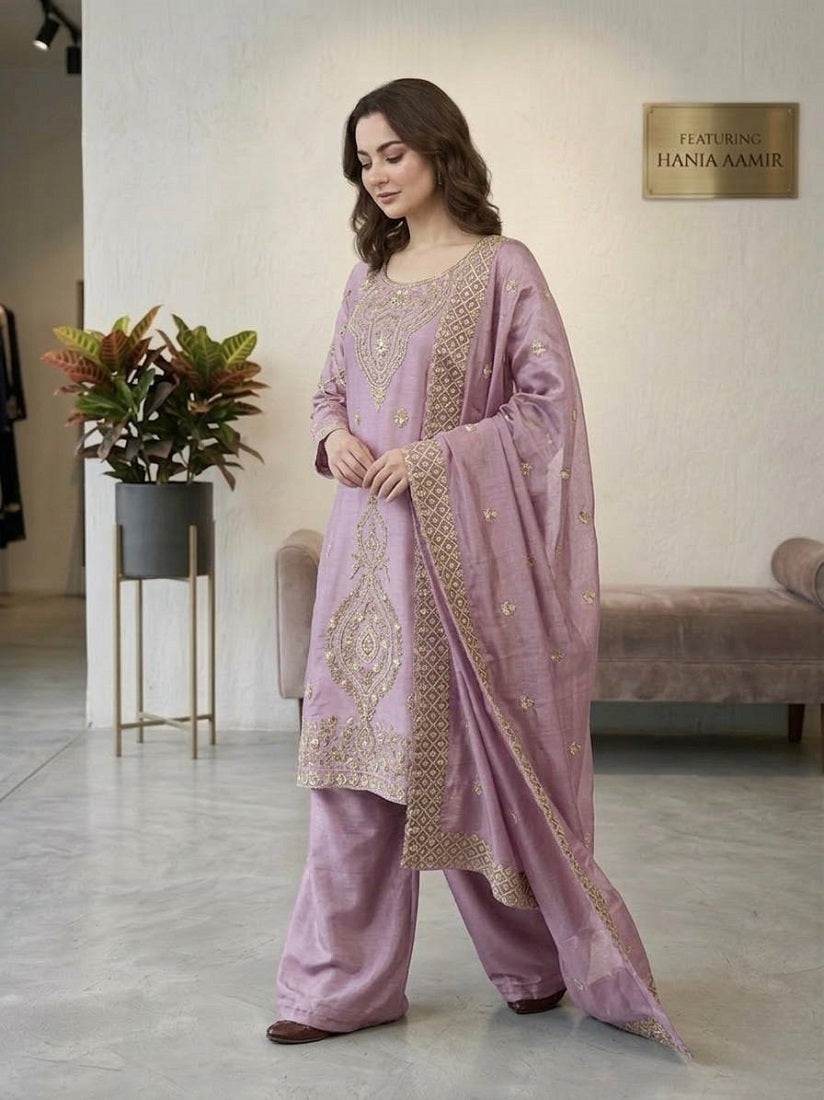 Lavender Silk Blend Embroidered Beads Work Plazzo Suit
