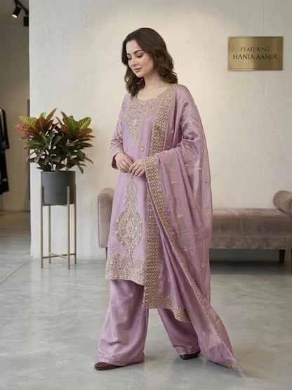 Lavender Silk Blend Embroidered Beads Work Plazzo Suit