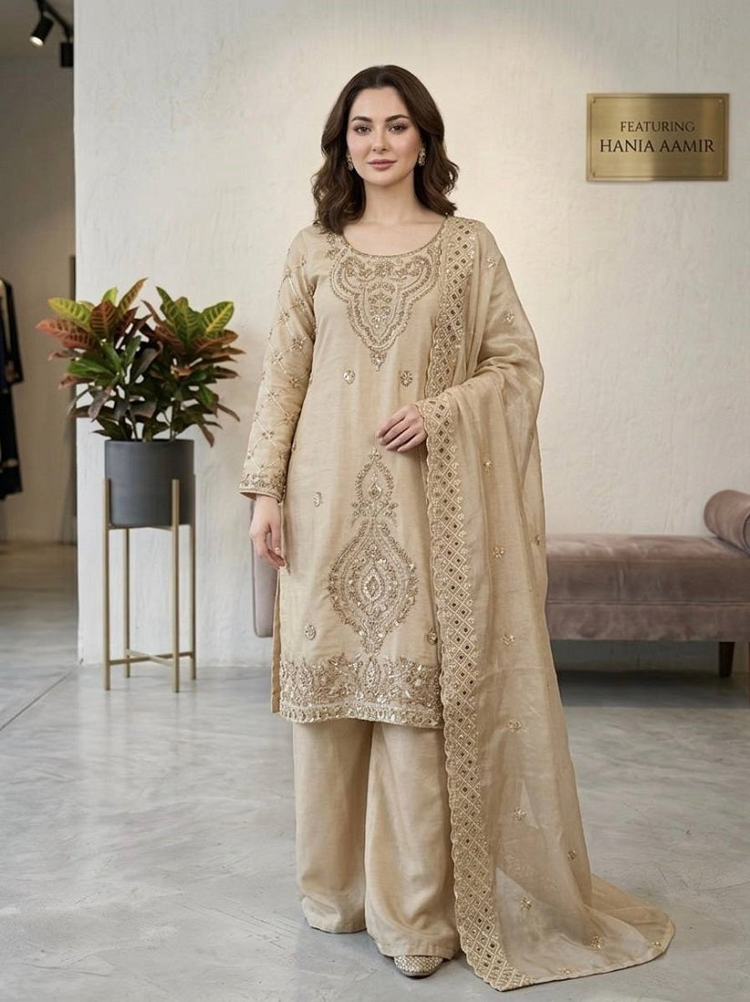 Grey Silk Blend Embroidered Beads Work Plazzo Suit
