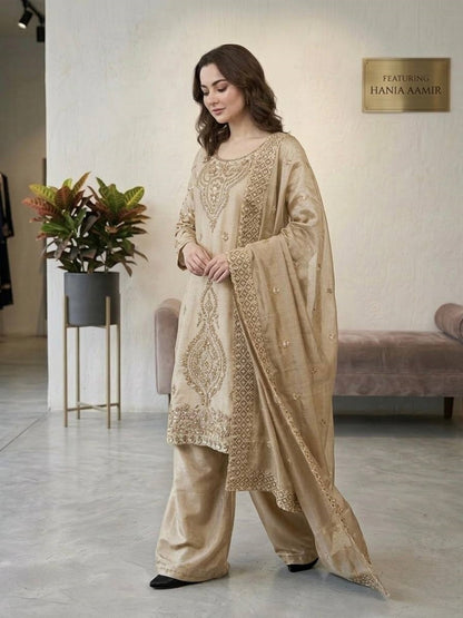 Grey Silk Blend Embroidered Beads Work Plazzo Suit