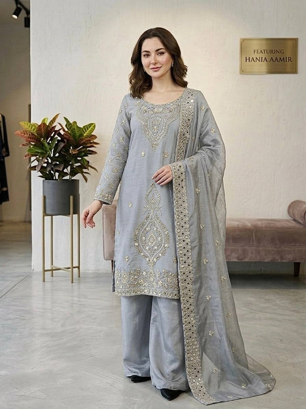 Grey Silk Blend Embroidered Beads Work Plazzo Suit