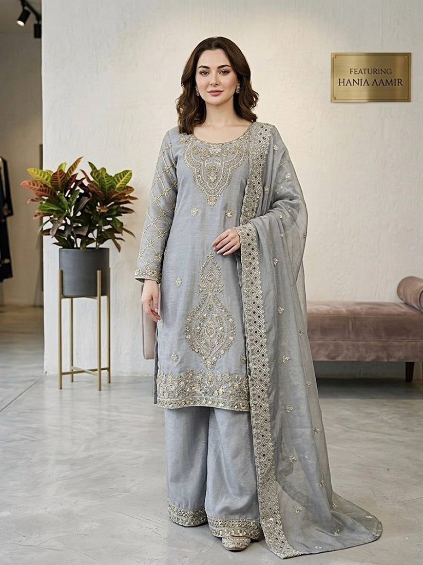 Grey Silk Blend Embroidered Beads Work Plazzo Suit