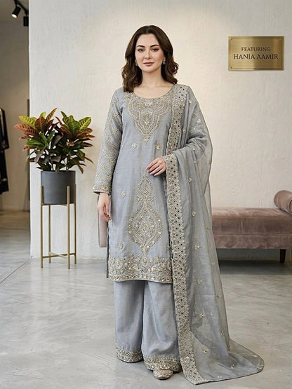 Grey Silk Blend Embroidered Beads Work Plazzo Suit