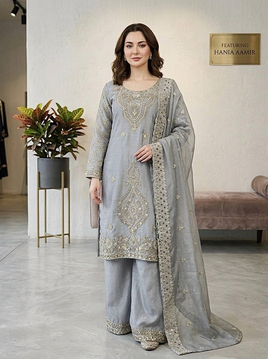 Grey Silk Blend Embroidered Beads Work Plazzo Suit
