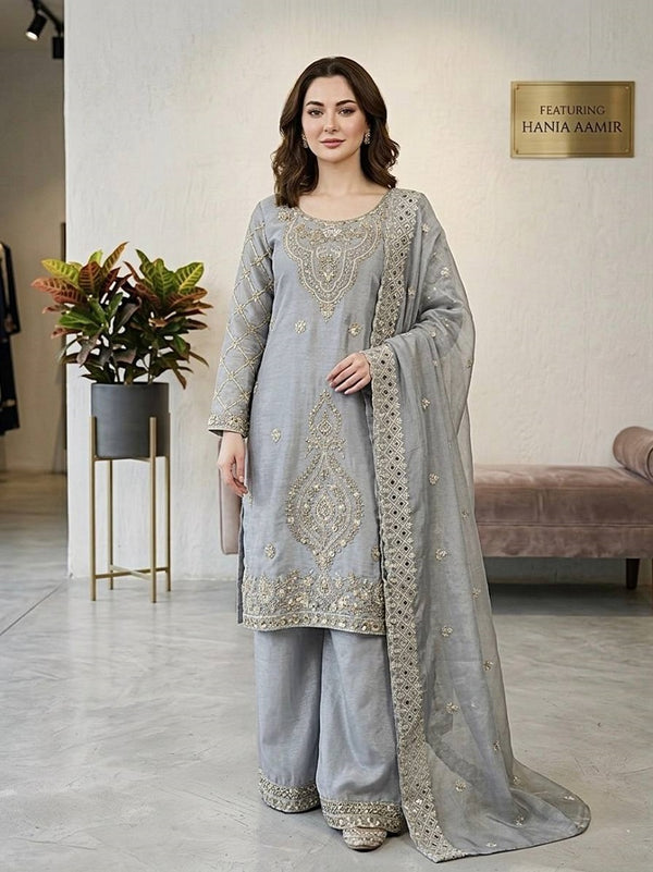 Grey Silk Blend Embroidered Beads Work Plazzo Suit