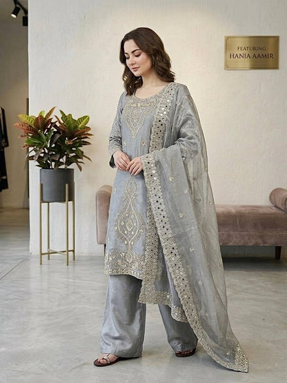 Grey Silk Blend Embroidered Beads Work Plazzo Suit