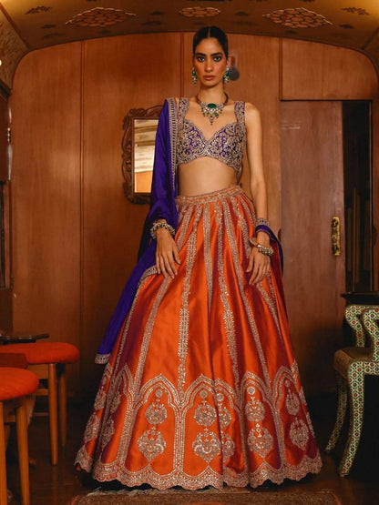 Orange Silk Embroidered Lehenga Choli with Purple Dupatta for Wedding Wear