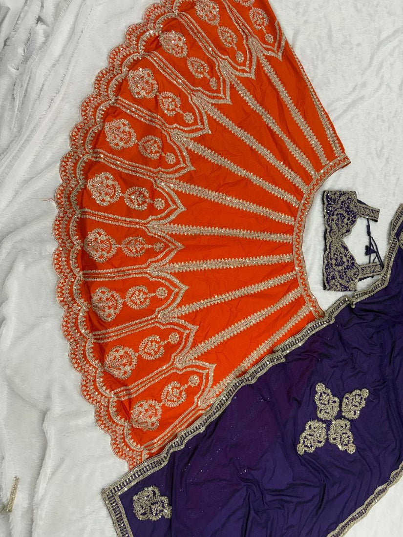 Orange Silk Embroidered Lehenga Choli with Purple Dupatta for Wedding Wear