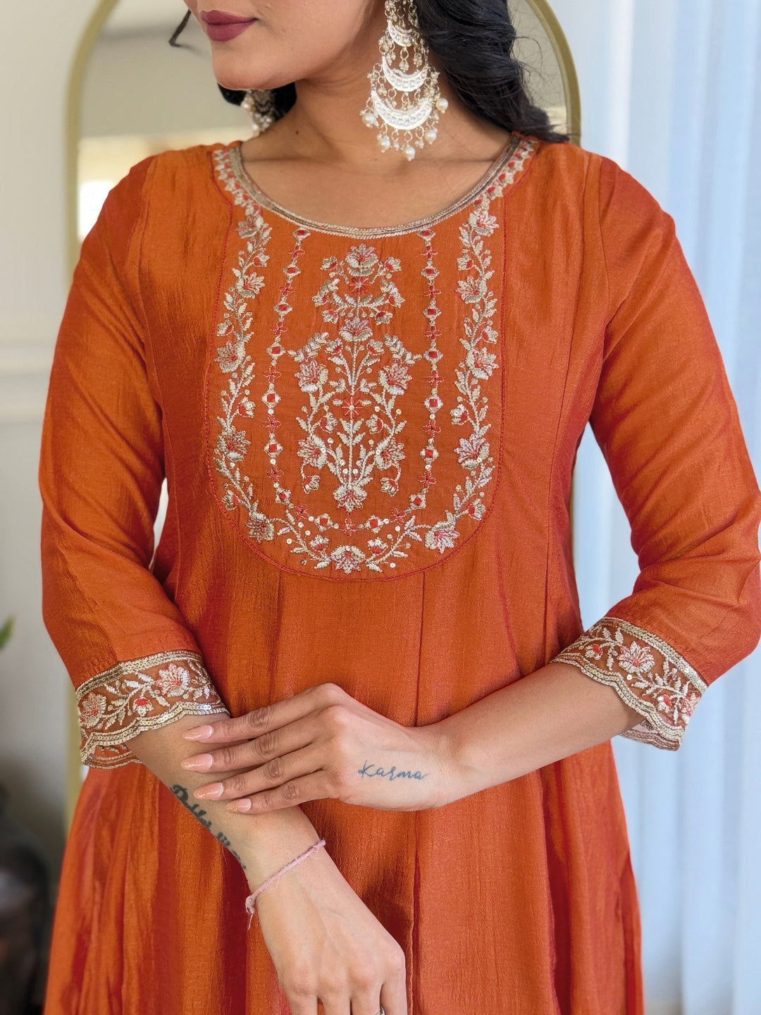 Embroidered Vichitra Silk Fabric Straight Kurta, Pant and Dupatta Set