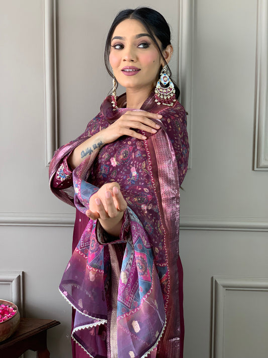 Wine Embroidered Viscose Chanderi Fabric Straight Kurta, Pant and Dupatta Set