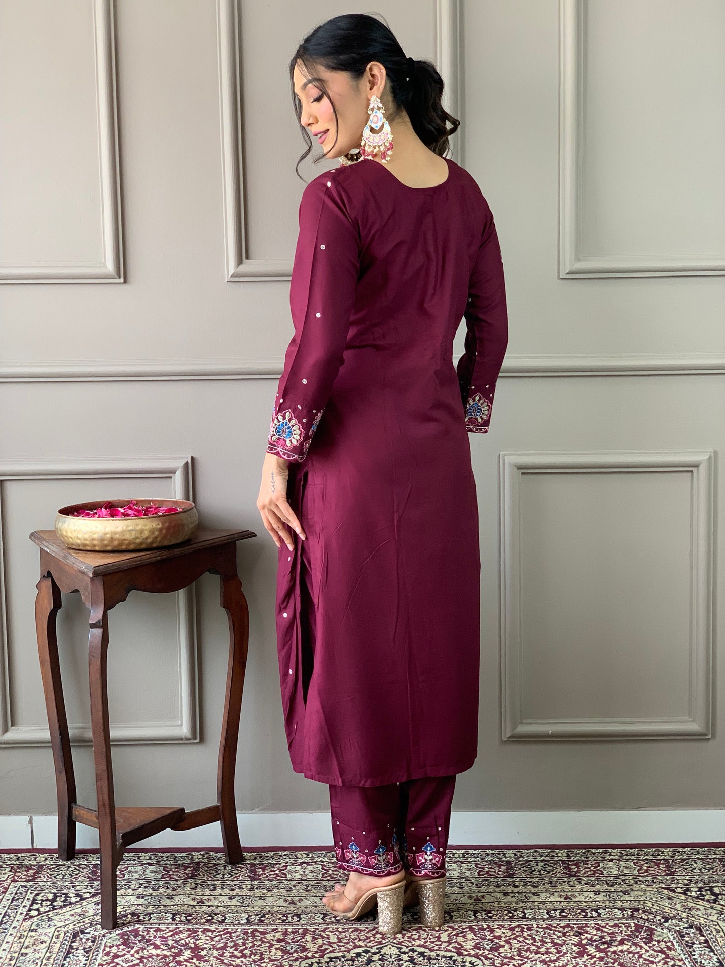 Wine Embroidered Viscose Chanderi Fabric Straight Kurta, Pant and Dupatta Set