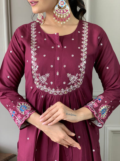 Wine Embroidered Viscose Chanderi Fabric Straight Kurta, Pant and Dupatta Set