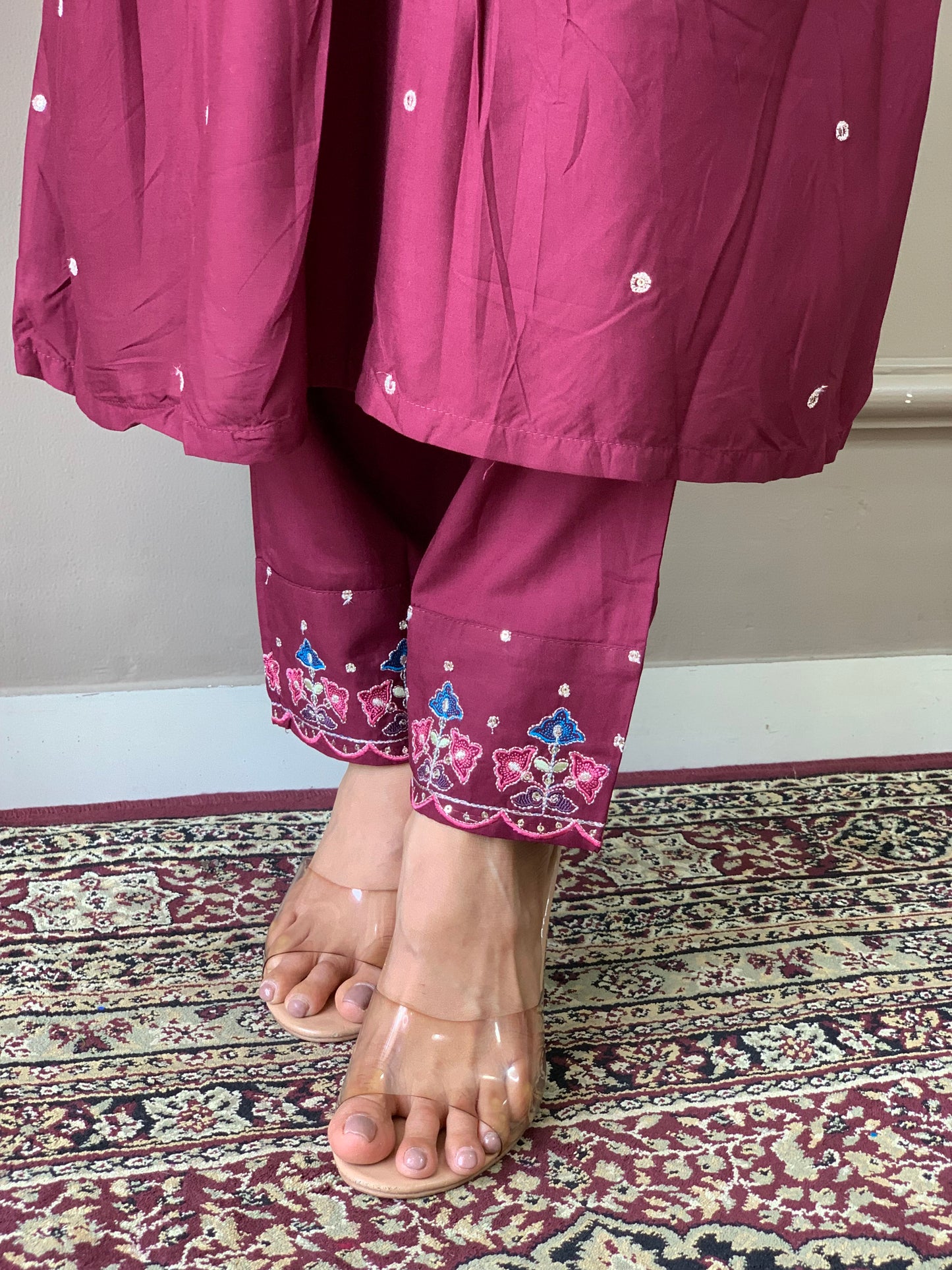 Wine Embroidered Viscose Chanderi Fabric Straight Kurta, Pant and Dupatta Set