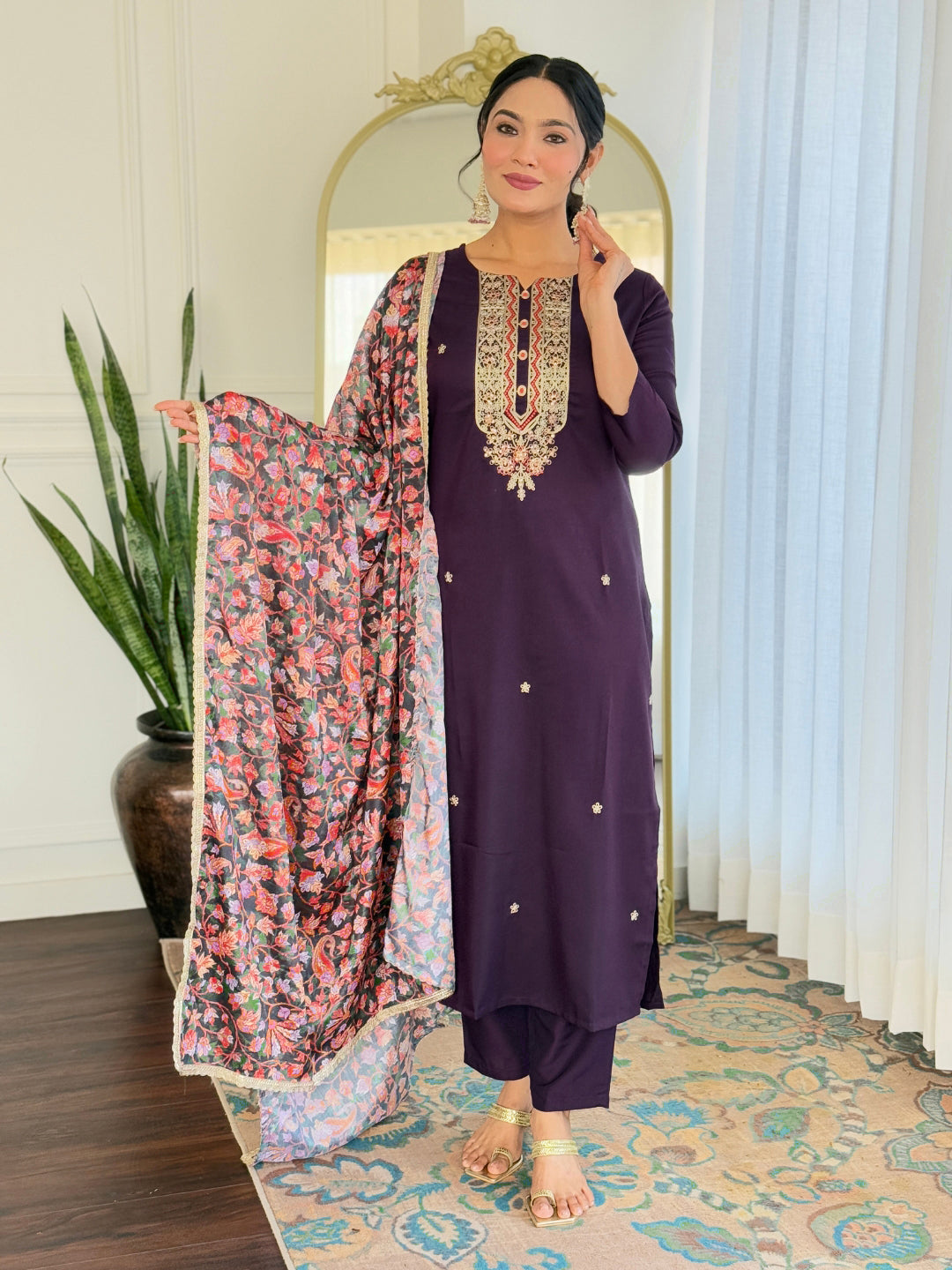 Women's Rayon Embroidery work Straight Kurta with Pant and Dupatta Set