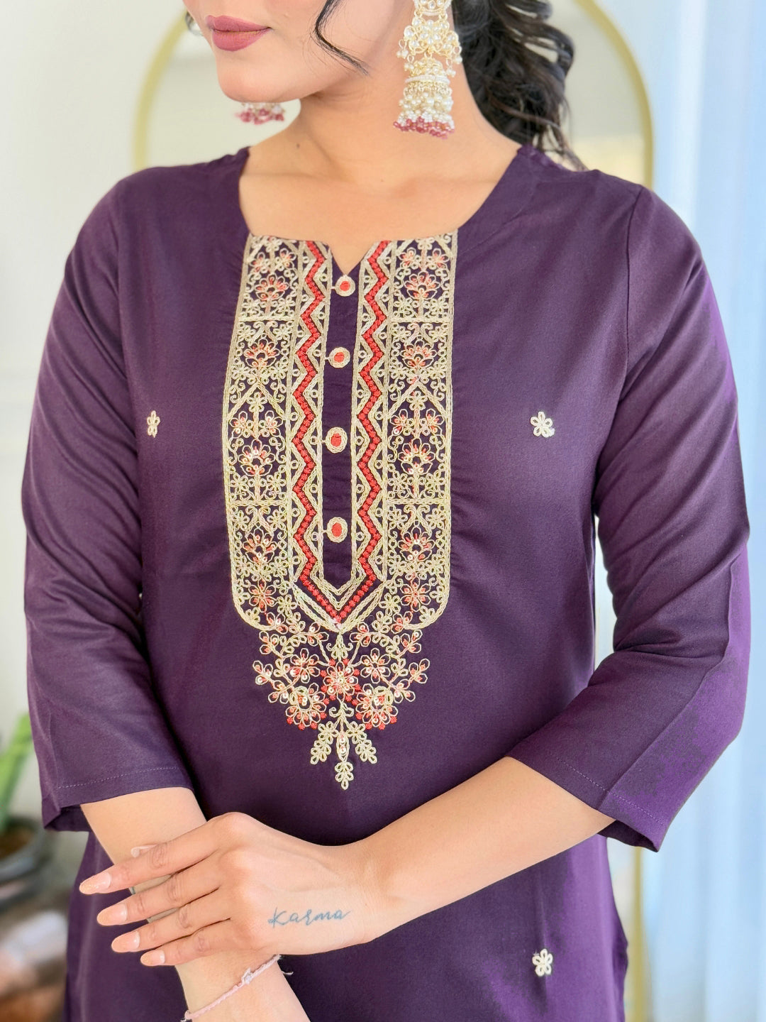 Women's Rayon Embroidery work Straight Kurta with Pant and Dupatta Set