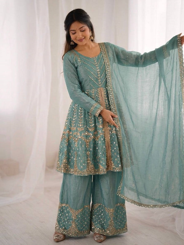 Rama Fendy Satin With Embroidered Sequince Work Plazzo Set