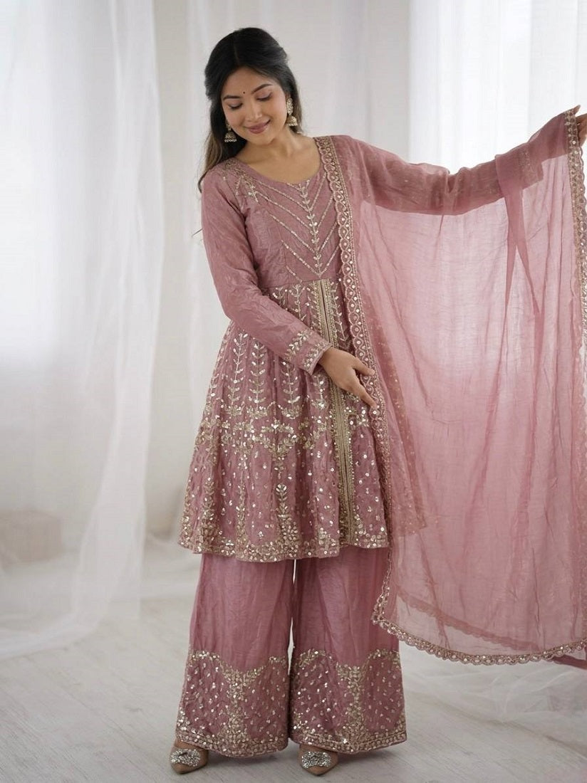 Onionpink Fendy Satin With Embroidered Sequince Work Plazzo Set