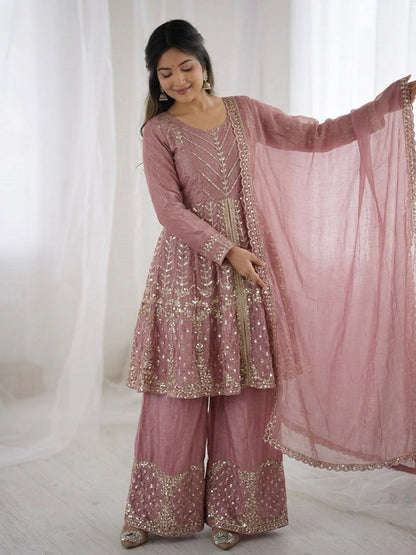 Onionpink Fendy Satin With Embroidered Sequince Work Plazzo Set
