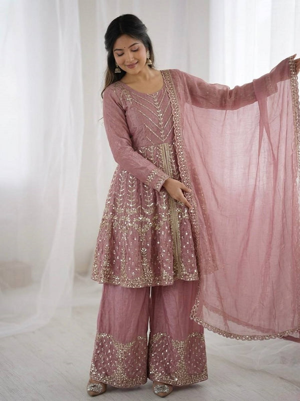 Onionpink Fendy Satin With Embroidered Sequince Work Plazzo Set