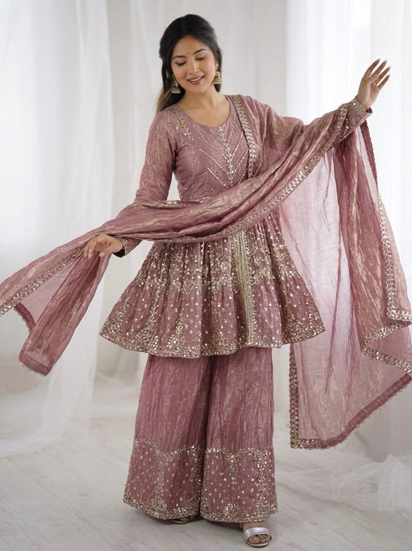 Onionpink Fendy Satin With Embroidered Sequince Work Plazzo Set