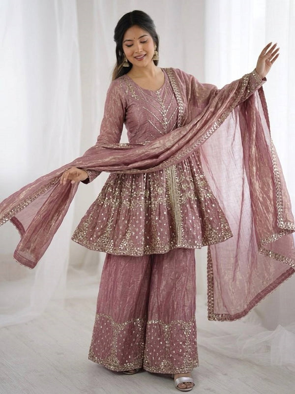 Onionpink Fendy Satin With Embroidered Sequince Work Plazzo Set