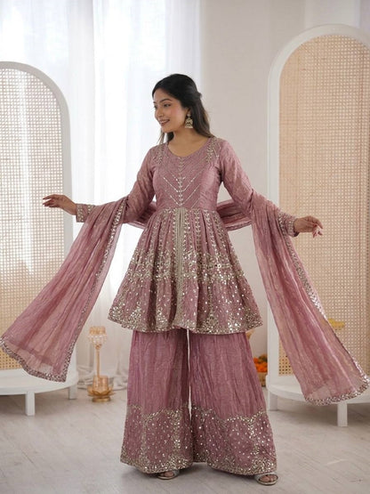 Onionpink Fendy Satin With Embroidered Sequince Work Plazzo Set