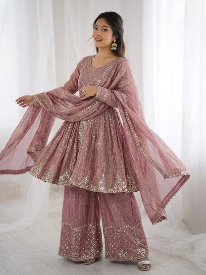 Onionpink Fendy Satin With Embroidered Sequince Work Plazzo Set