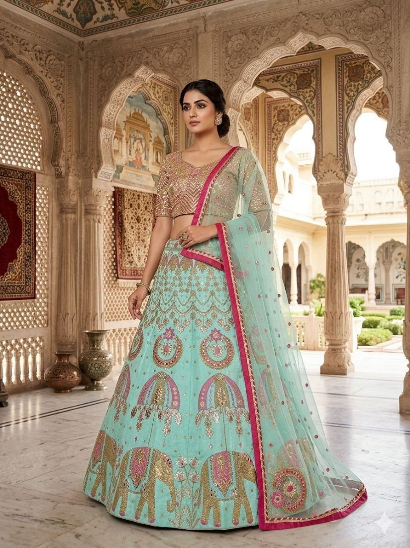 Designer Sea Green Silk Lehenga with Traditional Elephant Embroidery Work