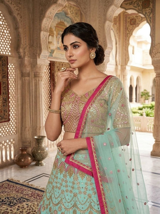 Designer Sea Green Silk Lehenga with Traditional Elephant Embroidery Work