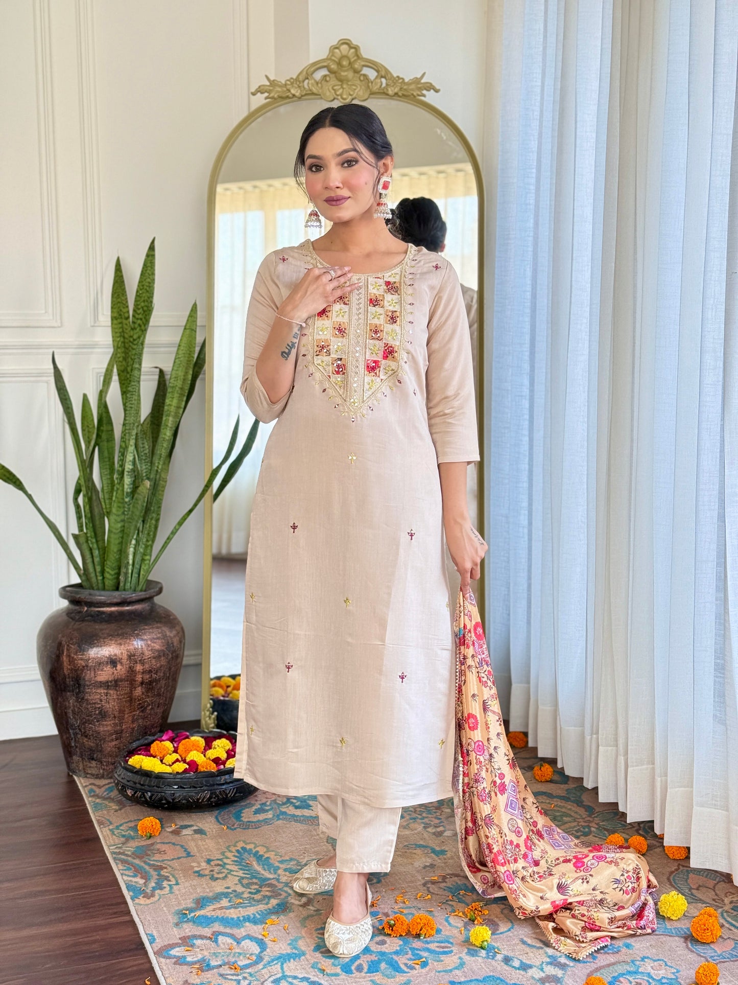 Embroidered Rayon Fabric Straight Kurta, Pant and Dupatta Set