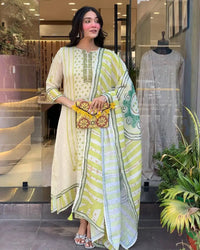 Women's Gorgeous Linen Silk Fabric Embroidery Work Straight Kurta Pant and Dupatta Set