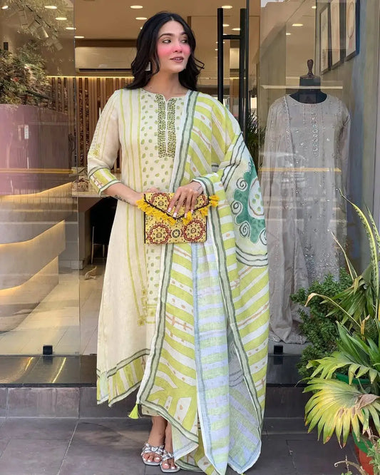 Women's Gorgeous Linen Silk Fabric Embroidery Work Straight Kurta Pant and Dupatta Set