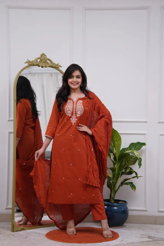 Women's Beautiful Chanderi Silk Fabric Thread Work Straight Kurta Pant and Dupatta Set 626