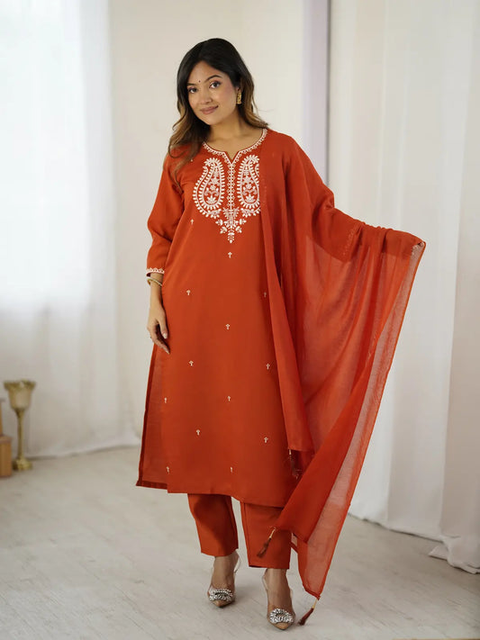 Women's Beautiful Chanderi Silk Fabric Thread Work Straight Kurta Pant and Dupatta Set