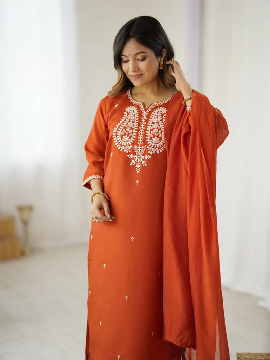 Women's Beautiful Chanderi Silk Fabric Thread Work Straight Kurta Pant and Dupatta Set