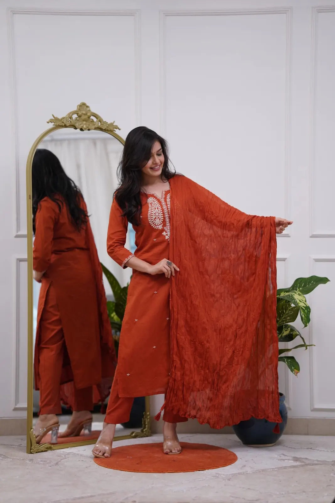 Women's Beautiful Chanderi Silk Fabric Thread Work Straight Kurta Pant and Dupatta Set 626