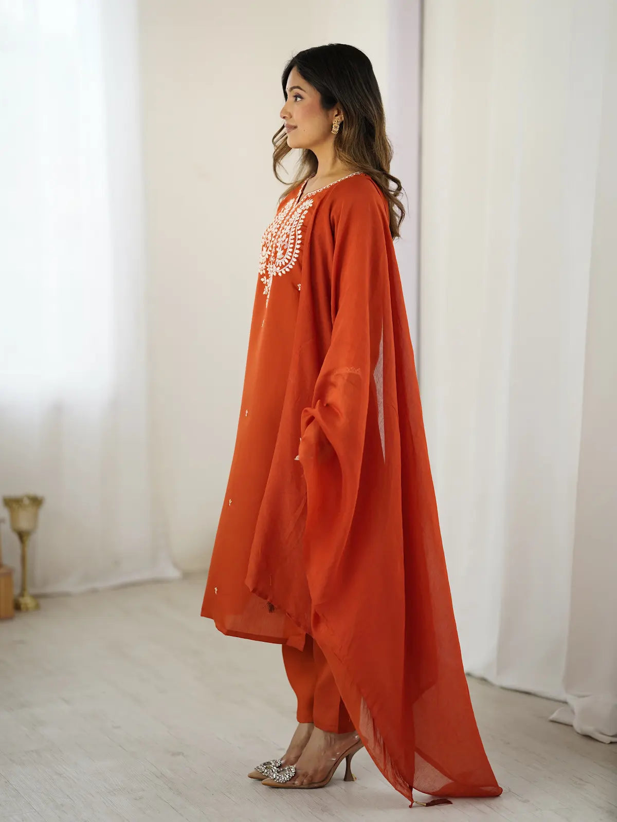 Women's Beautiful Chanderi Silk Fabric Thread Work Straight Kurta Pant and Dupatta Set