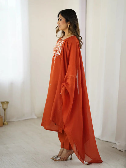 Women's Beautiful Chanderi Silk Fabric Thread Work Straight Kurta Pant and Dupatta Set