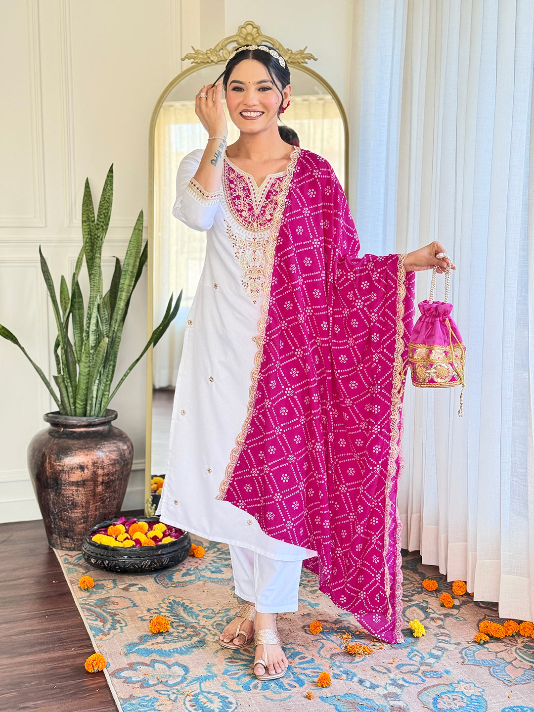 Women's Embroidered Viscose Fabric Straight Kurta, Pant and Dupatta Set