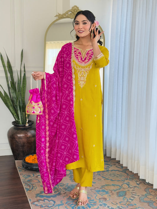 Women's Embroidered Viscose Fabric Straight Kurta, Pant and Dupatta Set