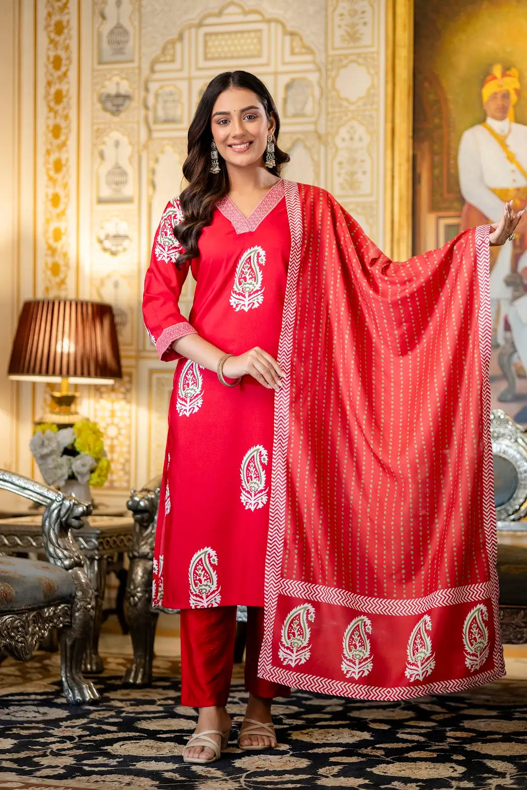 Women's Beautiful Rayon Fabric Printed Work Straight Kurta Pant and Dupatta Set 632