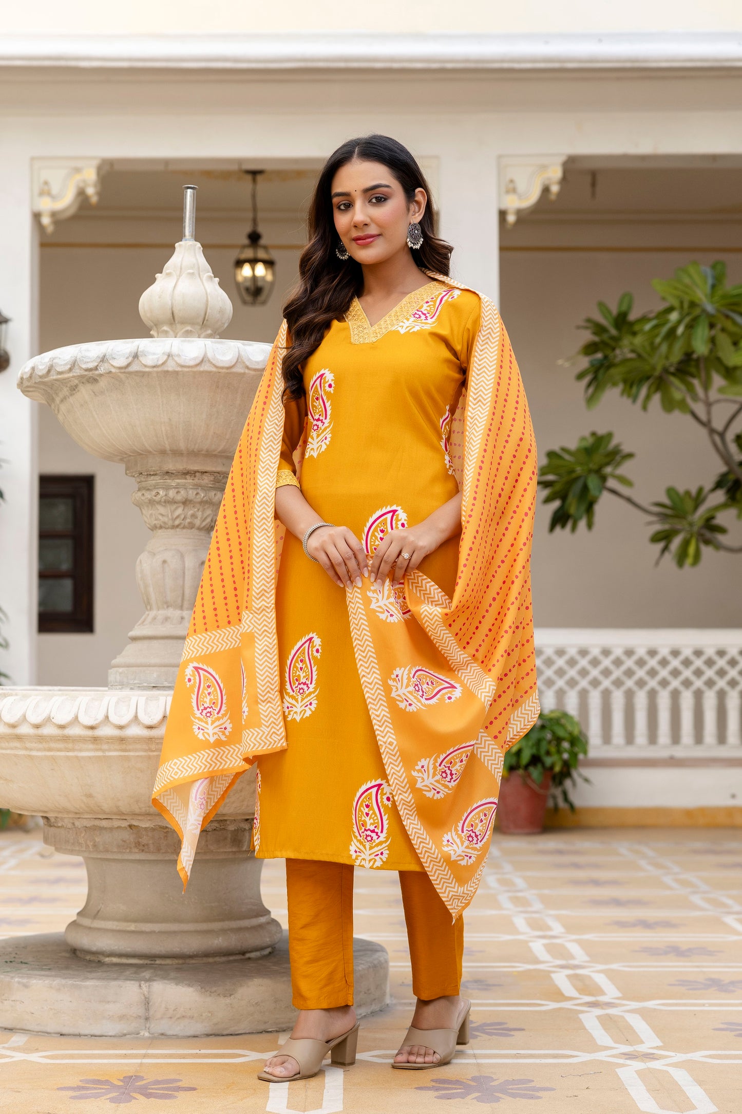Women's Beautiful Rayon Fabric Printed Work Straight Kurta Pant and Dupatta Set 632