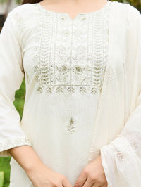 Women Beautiful Rayon Slub Fabric Embroidery Work Straight Kurta, Pant and Dupatta Set