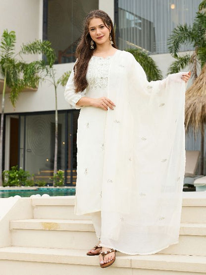 Women Beautiful Rayon Slub Fabric Embroidery Work Straight Kurta, Pant and Dupatta Set