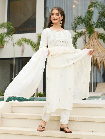 Women Beautiful Rayon Slub Fabric Embroidery Work Straight Kurta, Pant and Dupatta Set
