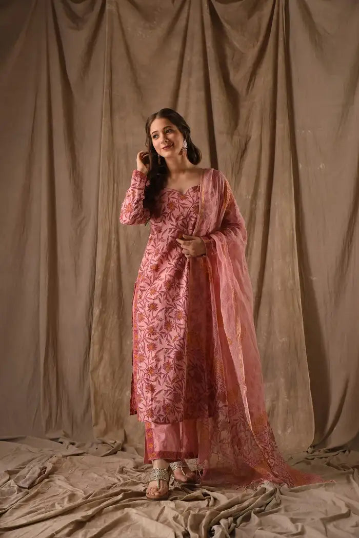 Women's Beautiful Roman Linen Slub Fabric Printed Work Straight Kurta Pant and Dupatta Set