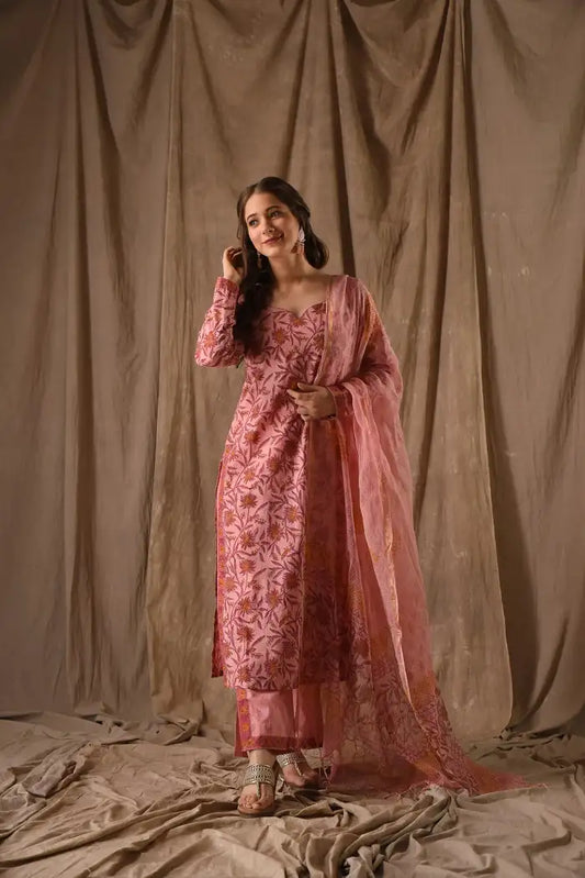 Women's Beautiful Roman Linen Slub Fabric Printed Work Straight Kurta Pant and Dupatta Set