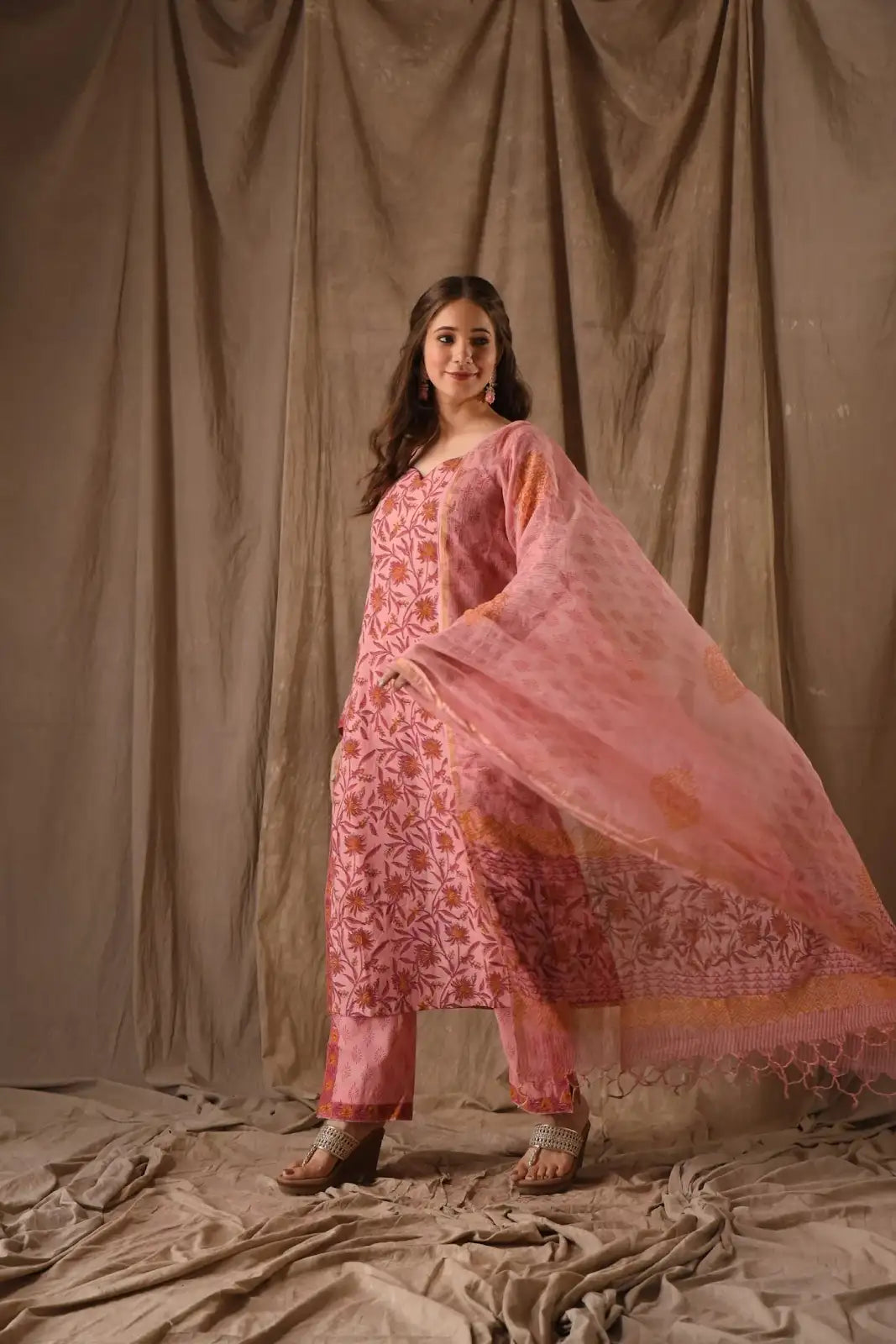 Women's Beautiful Roman Linen Slub Fabric Printed Work Straight Kurta Pant and Dupatta Set